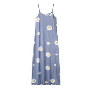 Blue daisy floral print slim spaghetti strap long dress casual summer maxi slip dress for women
