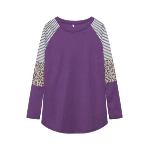Women long sleeve colorblock t-shirt with leopard and striped details casual crewneck top