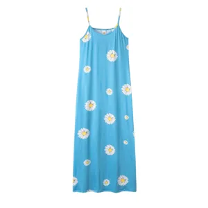 Blue long slip dress featuring all-over white daisy print and delicate spaghetti straps.