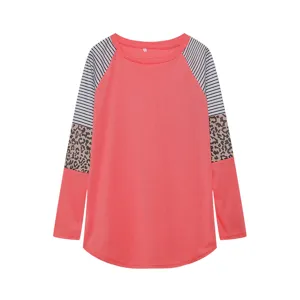 Women Leopard Color Block Striped Crewneck Long Sleeve Casual T-Shirt Detail View