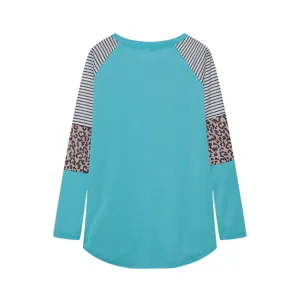 Detail view showing the back design of this stylish leopard colorblock striped long sleeve t-shirt.
