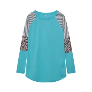 Teal long sleeve t-shirt detail showing colorblock striped and leopard raglan sleeves.
