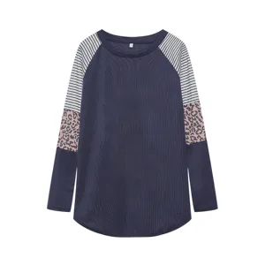 Women long sleeve colorblock t-shirt with leopard stripe raglan sleeves casual top