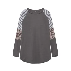 Women's colorblock striped and leopard long sleeve round neck casual top t-shirt.