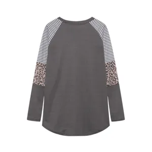 Women casual long sleeve colorblock t-shirt with leopard and stripes crewneck fall top