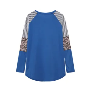 Details of the blue colorblock leopard striped long sleeve crewneck top for women.