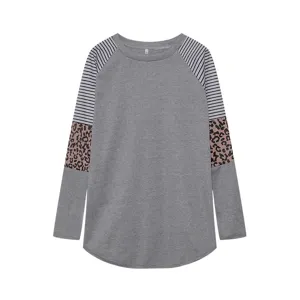 Grey long sleeve t-shirt featuring stylish striped and leopard print patchwork design.