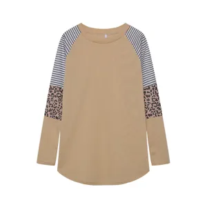Women's long sleeve colorblock casual striped leopard patch crewneck t-shirt top style