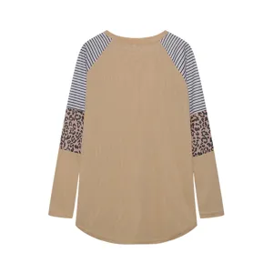 Women's colorblock long sleeve t shirt casual leopard and striped crewneck top autumn
