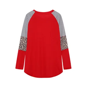 Women casual colorblock leopard striped long sleeve round neck t-shirt top apparel.