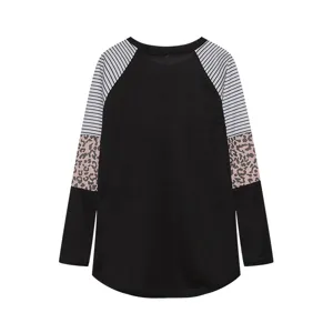 Women's long sleeve T-shirt, colorblock striped and leopard sleeves, casual crewneck top.