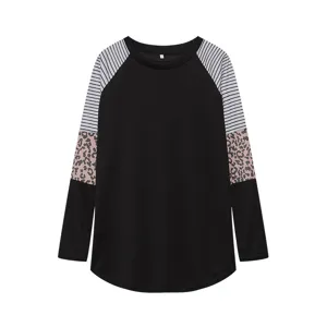 Details of women colorblock long sleeve t-shirt featuring stripe and leopard print.