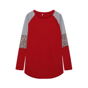 Detailed view of women's colorblock long sleeve t-shirt with leopard and striped sleeves.