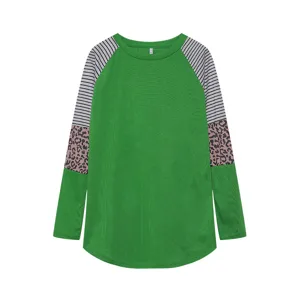 Women's long sleeve raglan t-shirt featuring striped and leopard color block sleeves.