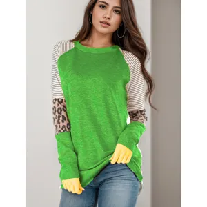 Women colorblock long sleeve t-shirt casual striped leopard patchwork cute autumn top