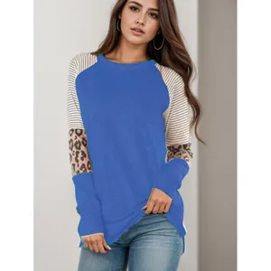Women Long Sleeve Colorblock Leopard Stripe Raglan T-Shirt Casual Fall Fashion Top