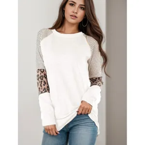 Women's Long Sleeve Color Block Crewneck T-Shirt Casual Leopard Striped Pullover Top