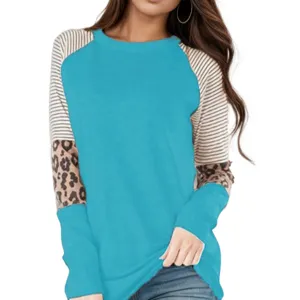 Women's colorblock long sleeve t-shirt with leopard and striped sleeves casual top.