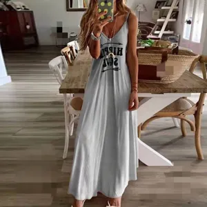 Women Summer Casual Grey V-Neck Spaghetti Strap Long Maxi Dress with Letter Print