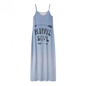 Summer long slip dress with gradient blue color and stylish letter print. Perfect for casual wear.