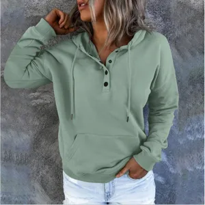 Casual sage green hoodie for women, long sleeve loose pullover with drawstring and buttons.