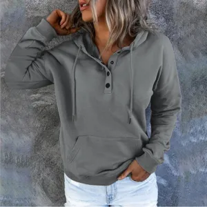 Casual loose long sleeve hooded sweatshirt with drawstring, buttons and front pocket for women.