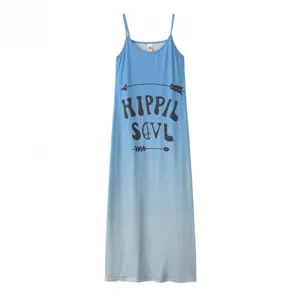 Summer women blue ombre long spaghetti strap dress with chic letter print casual wear