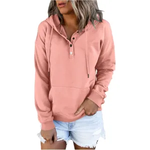 Women's Long Sleeve Hooded Sweatshirt Casual Drawstring Pullover with Button Front Pocket