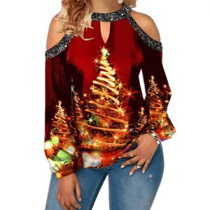 Christmas Tree Print Cold Shoulder Long Sleeve Women Top Casual Holiday Fashion Shirt New!
