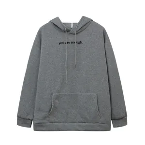 Casual gray fleece hoodie for women with kangaroo pocket, drawstrings and stylish chest print.