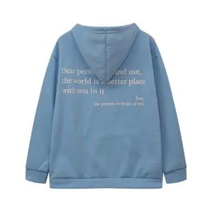 Back detail view of light blue fleece lined hoodie featuring inspirational back quote text print.