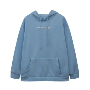 Women fleece hoodie detail view featuring chest letter embroidery, drawstring and kangaroo pocket.