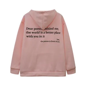 Casual pink fleece hoodie for women featuring letter print on back, comfortable and stylish.