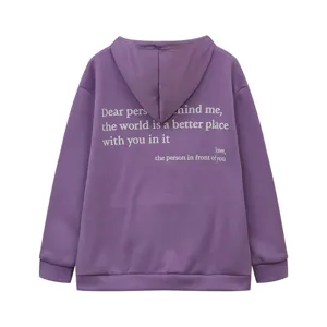 Purple fleece-lined hoodie for women featuring inspirational back text print design.