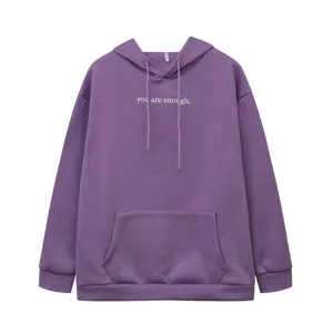 Purple fleece-lined hoodie for women with drawstring, kangaroo pocket, and text print.