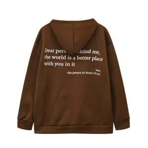 Brown fleece hoodie detailed view featuring heartwarming back letter print and cozy hooded design.
