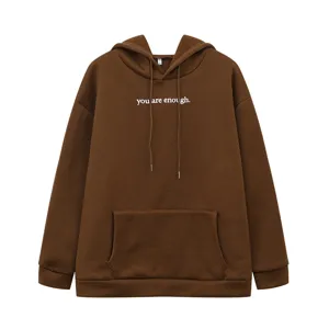 Brown fleece hoodie for women with cozy hood, kangaroo pocket and letter print style.