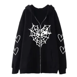Sweat à Capuche Unisexe Streetwear Doublé en Polaire Zippé Imprimé Toile d'Araignée Cœur Sweat-shirt à Capuche Hiver Chaud Casual Top