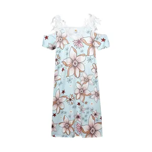 Detail view of the light blue floral cold shoulder dress with delicate white lace straps.