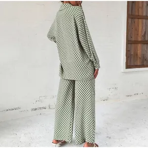 Femme chemise manches longues imprime geometrique vert pantalon large ensemble streetwear