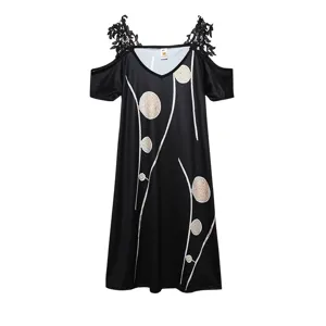 Black off-shoulder short sleeve dress with lace trim and abstract floral print for women.