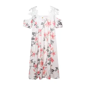 Off-shoulder floral print short sleeve midi dress featuring delicate lace trim detail.