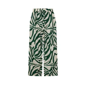 Pantalon large imprimé abstrait vert avec taille haute élastique, pantalon femme décontracté.