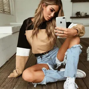 Casual colorblock damestrui met lange mouwen en ronde hals voor dagelijks gebruik.