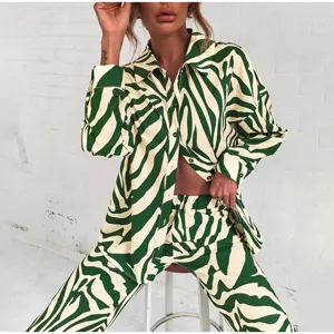 Ensemble Top Et Bottom Femme Polyester Imprimé Abstrait Streetwear Manches Longues Épaules Tombantes Chemise Pantalon Street Fashion Décontracté