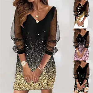 Vestido Casual de Mujer con Cuello en V Patchwork de Malla y Lentejuelas Vestidos Ajustados Estampados de Manga Larga Transparentes