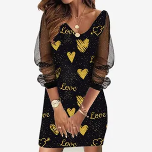 Mujer moda cuello V manga larga malla transparente lentejuelas corazón vestido