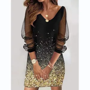 Vestido de fiesta de mujer con cuello en V manga larga de malla brillante elegante chic