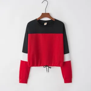 Gedetailleerd overzicht van dames sweater colorblock lange mouw met verstelbaar trekkoord.