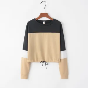 Vrouwen mode kleurblok trekkoord lange mouw sweatshirt casual pullover top kleding
